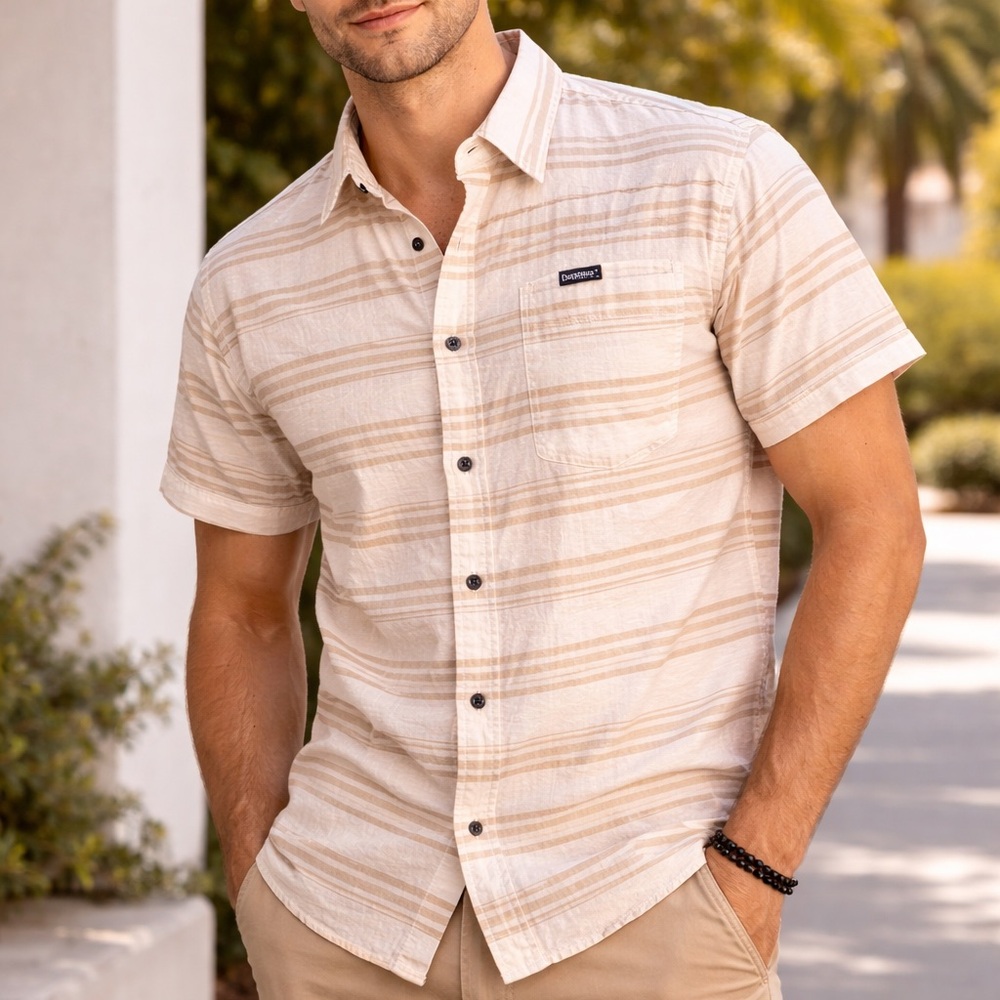 Aeropostale Men's Short-Sleeve Beige Striped Button-Down Shirt